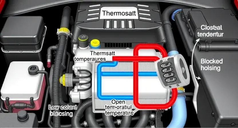 A detailed illustration of a car engine cooling system, highlighting the thermostat and coolant flow paths. The image should show the engine block, radiator, hoses, and thermostat housing with a focus on the thermostat in both closed and open positions. Include visual indicators of low coolant temperature and potential blockages or malfunctions in the system.