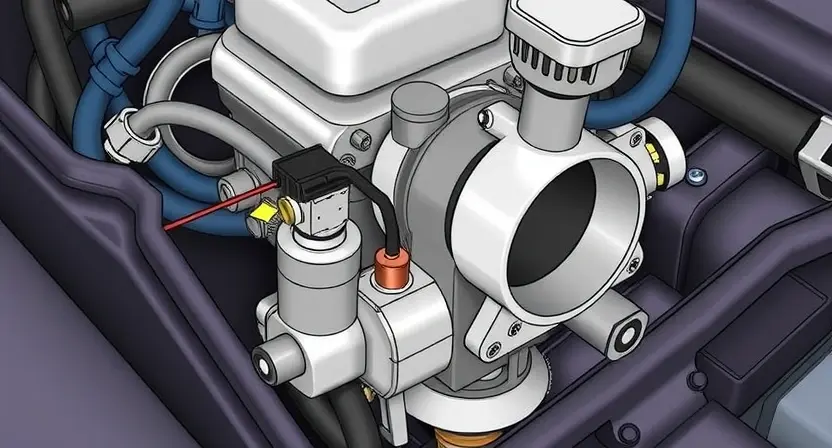 A close-up illustration of a car's throttle body and its associated wiring harness. The throttle body should be clearly visible, with the wiring leading to a sensor. The image should highlight the connection points and the general area where the sensor is located. Focus on the mechanical and electrical components involved in the throttle position sensor circuit.