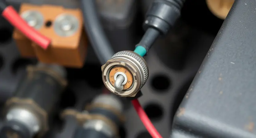 A close-up, detailed illustration of a car's ignition switch wiring harness. Focus on the connection points and wires related to the input signal circuit. Show a slightly damaged or corroded connection to visually represent the fault. The background should be blurred, suggesting a workshop environment. The image should emphasize the electrical components and wiring.