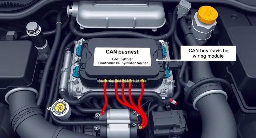 A close-up illustration of a car's engine bay, focusing on the CAN bus wiring harness. Highlight the wiring connections and the CAN bus controller module. Use a clean, technical style to depict the components.
