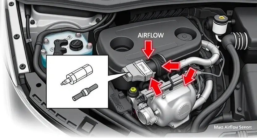 A detailed illustration of a car's engine bay, highlighting the Mass Airflow Sensor (MAP sensor) and its connection to the engine control unit (ECU). Include arrows indicating the airflow path and the sensor's measurement of air pressure. Focus on the sensor's physical appearance and its placement within the engine system.