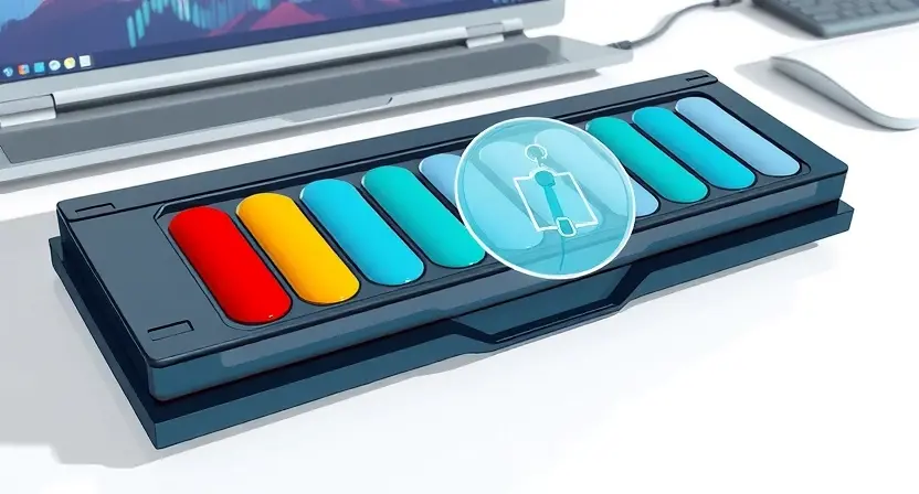 A detailed illustration of a laptop battery with a visual representation of cell imbalance. Show individual battery cells, some with higher and some with lower voltage levels, connected in series. Use color gradients to indicate voltage differences. Include a subtle diagnostic icon overlayed on the battery to symbolize troubleshooting. The background should be a clean, modern tech environment.