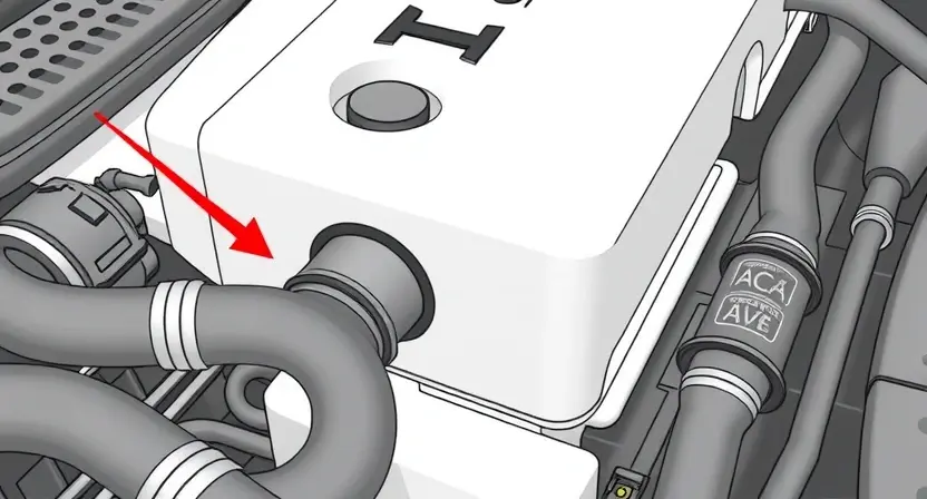 A close-up, detailed illustration of a car engine's intake manifold with a focus on the PCV valve and its associated hoses. The image should clearly show the valve's internal components and the surrounding airflow path. The overall aesthetic should be clean and informative, suitable for a technical diagram.