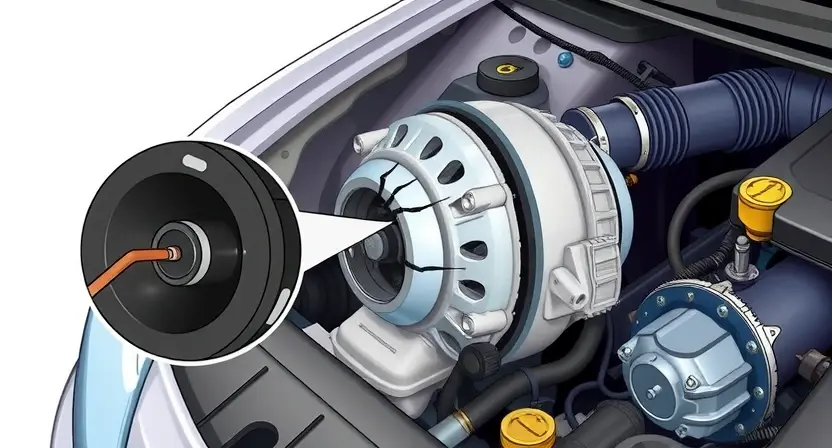 A detailed illustration of a car engine with visible mechanical damage, specifically focusing on a cracked component and a damaged gasket. The engine should be partially disassembled, showing internal parts. The background should be a clean, neutral color.