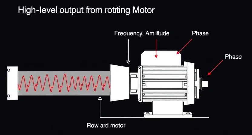 A detailed illustration of a high-level signal output from a rotating motor, showcasing the signal's characteristics and flow. Include visual representations of frequency, amplitude, and phase. The motor should be depicted in a technical drawing style, with clear labels and annotations.