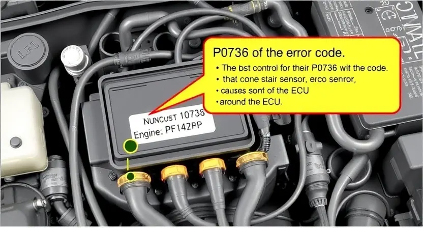 A detailed illustration of an automotive engine control unit (ECU) with various sensors and wiring connected to it. The ECU should be highlighted, and the wiring should be clearly visible. Include a schematic representation of the P0736 error code and its potential causes around the ECU.