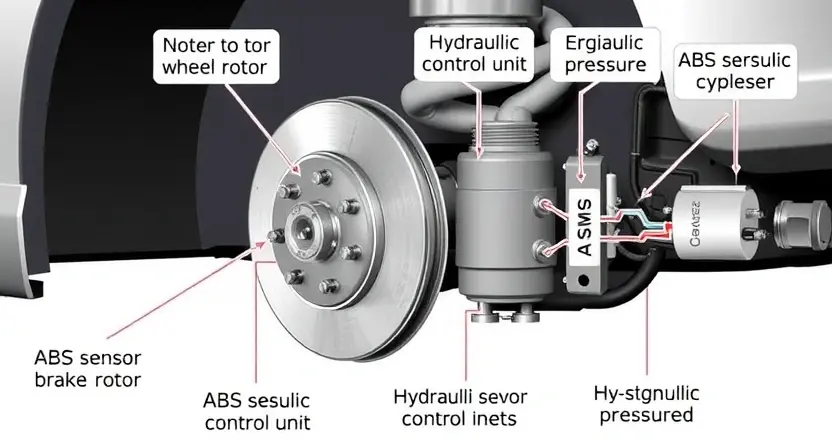 A detailed illustration of a car's anti-lock braking system (ABS) components. Show the wheel hub, brake rotor, ABS sensor, hydraulic control unit, and brake lines. Highlight the sensor's position on the wheel hub and the control unit's location within the vehicle's braking system. Use clear, technical diagrams to indicate the flow of signals and hydraulic pressure. Focus on the mechanical and electrical aspects of the ABS system.