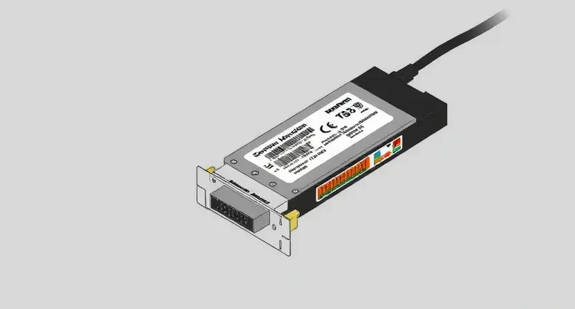 A close-up, detailed illustration of a SAS (Serial Attached SCSI) disk drive sensor. The sensor should be clearly visible, highlighting its components and connections. The background should be a clean, neutral color, emphasizing the sensor's details. Focus on the physical aspects of the sensor, showing its form factor and any relevant markings.