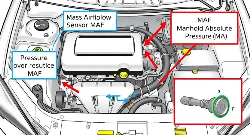A detailed illustration of a car's engine bay, highlighting the Mass Airflow Sensor (MAF) and Manifold Absolute Pressure (MAP) sensor. Arrows should indicate airflow entering the engine and pressure within the intake manifold. Include a simplified diagram showing the sensor's connection to the engine control unit (ECU). Focus on the sensors themselves, their physical appearance, and their placement within the engine compartment.