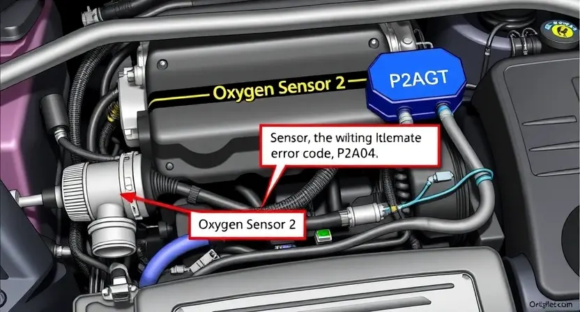 A detailed illustration of an automotive engine bay, focusing on the area around the exhaust manifold and intake system. Highlight a sensor labeled 'Oxygen Sensor 2' with a visual representation of a potential error code (P2A04) displayed on a diagnostic screen. Show wiring and connectors related to the sensor.