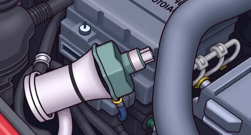 A close-up, detailed illustration of a car engine bay, specifically highlighting the coolant temperature sensor. The sensor should be clearly visible, along with nearby hoses and wiring. The overall scene should convey a sense of automotive mechanics and diagnostics. Focus on the sensor's physical appearance and its connection to the engine.