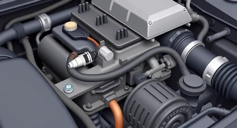 A detailed illustration of a car engine with a focus on the coolant temperature sensor and its connection to the engine control unit (ECU). The sensor should be clearly visible, along with the surrounding hoses and wiring. The engine should appear clean and well-maintained.