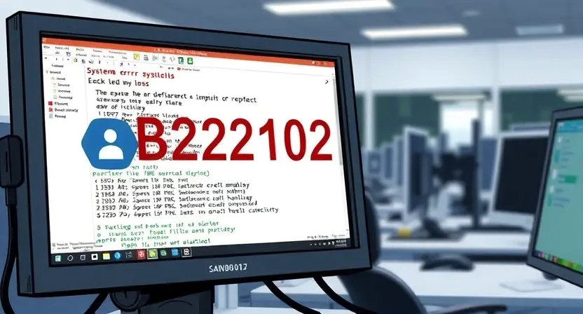 A detailed illustration depicting a computer screen displaying an error message "B2102". The screen should show technical details related to the error, such as a system log or diagnostic information. The background should be a blurred office environment, suggesting a technical support setting.