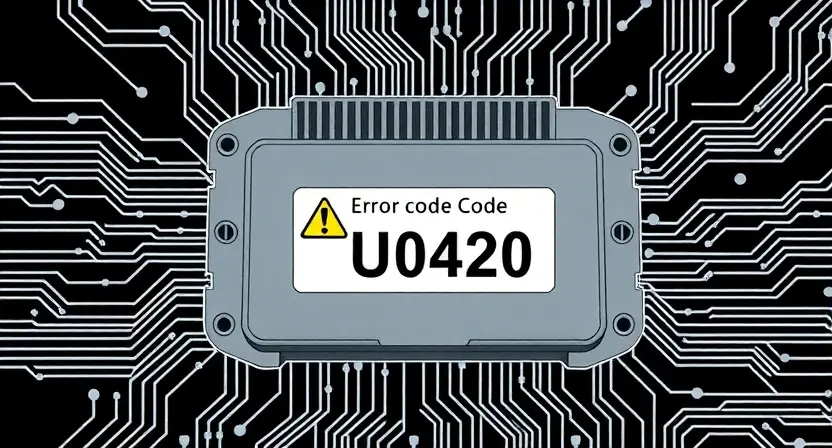 A high-quality technical illustration showing an automotive electronic control module with a warning sign indicating error code U0420, surrounded by abstract data streams and circuit patterns, clean lines, professional lighting, no text or numbers on the image