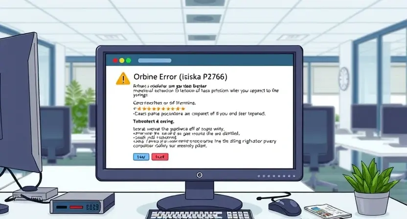 A detailed illustration depicting a computer screen displaying an error message "Ошибка P2766: Причины, симптомы и способы устранения". The screen should show technical information related to the error, possibly with highlighted keywords. The background should be a clean, professional office environment.