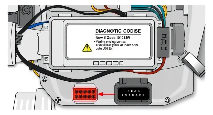 A detailed technical illustration of a vehicle's navigation control module showing a wiring harness and diagnostic interface with a warning indicator for error code U0163, clean background, high quality, no text or numbers on the image