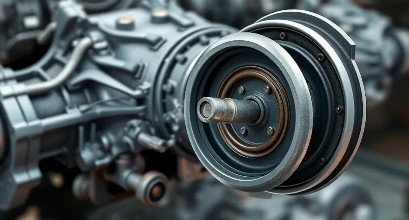 A detailed illustration of a car transmission with a close-up focus on the friction element E. The transmission should be depicted in a realistic, technical style, highlighting the internal components and mechanisms. The friction element E should be clearly visible, showing its wear and tear, and its interaction with other parts of the transmission. The background should be blurred to emphasize the focus on the friction element.