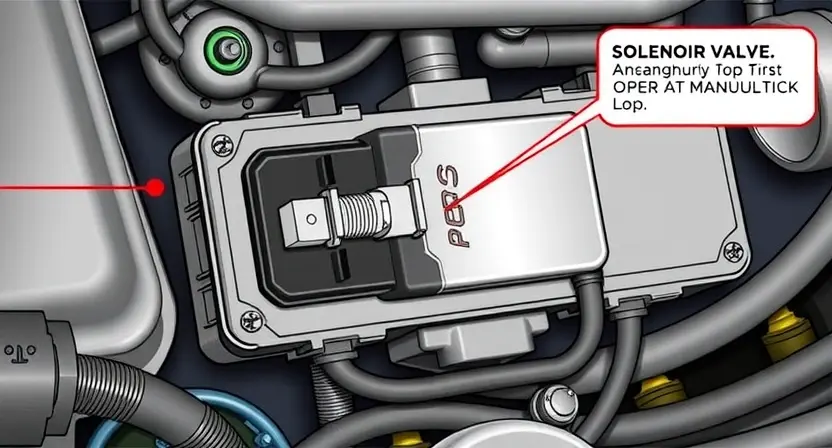 A detailed illustration of an ABS (Anti-lock Braking System) module with a highlighted solenoid valve. The image should clearly show the location of the solenoid valve within the module and its connection points. Include visual cues indicating a malfunction, such as a slightly different color or a subtle visual effect to denote an issue. Focus on technical accuracy and clarity.