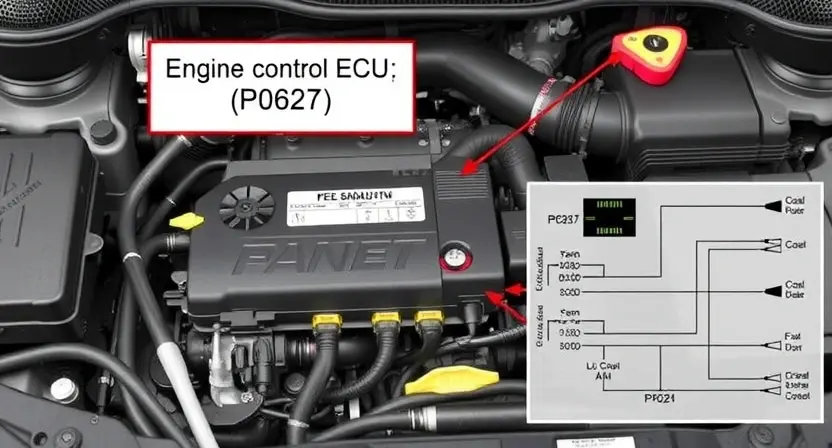 A detailed illustration of an engine control unit (ECU) with various sensors and wiring, highlighting the P0627 error code. The image should depict a car engine bay with the ECU clearly visible, surrounded by diagnostic tools and a schematic diagram illustrating the relevant circuits.