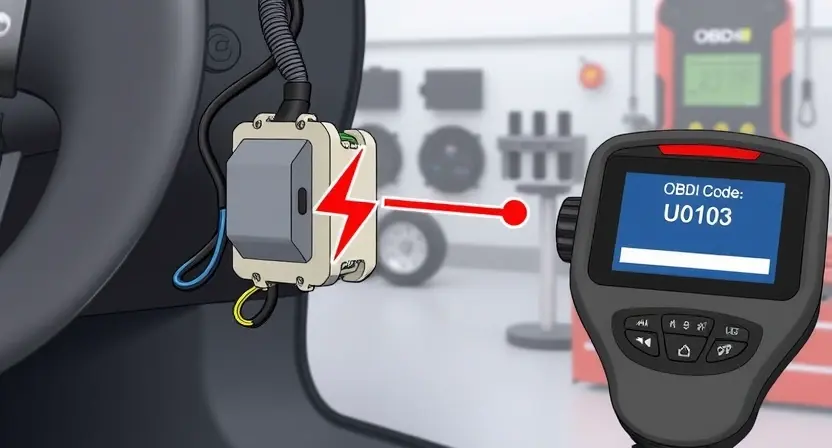 A detailed technical illustration of a car's electronic gear selector module with visible wiring harness and connector, showing a broken communication link symbolized by a red dashed line or lightning bolt between the module and the vehicle's CAN bus network, set against a clean automotive workshop background with diagnostic tools like an OBD-II scanner displaying error code U0103 on its screen, all in a professional, high-clarity technical diagram style