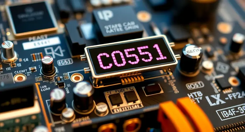 A close-up, detailed illustration of a computer motherboard with a highlighted error code 'C0551' displayed on a small screen connected to it. Focus on the circuitry and components, emphasizing the error message. The background should be blurred, suggesting a technical environment.