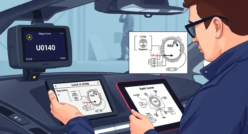 A professional automotive repair scene showing a technician diagnosing a vehicle's network communication error, with a diagnostic scanner displaying error code U0140, a wiring diagram on a tablet, and a car's Body Control Module highlighted, clean technical illustration, high detail, no text or numbers on image