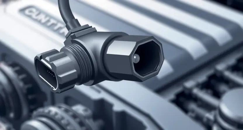A close-up, detailed illustration of an engine coolant temperature sensor. The sensor should be clearly visible, with its electrical connector and wiring. In the background, subtly depict a car engine block, suggesting the sensor's location. Focus on the sensor's physical components and its connection to the engine. The overall image should convey technical precision and clarity.