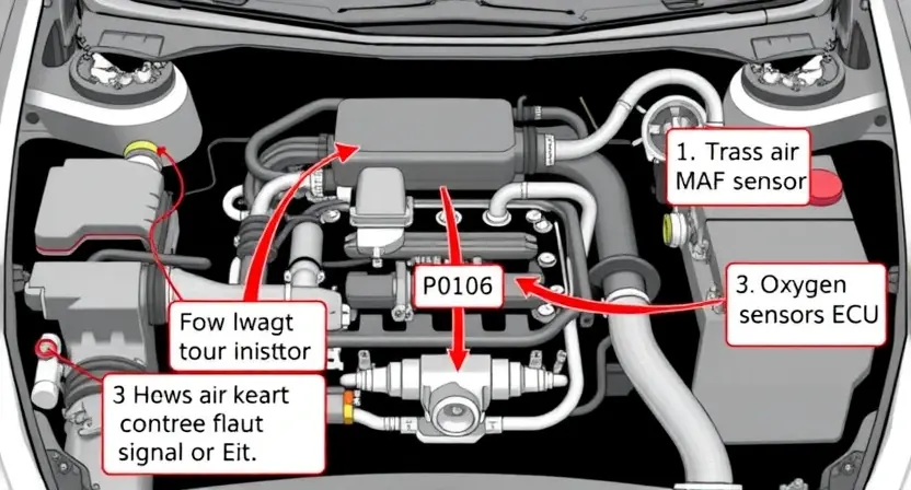 A detailed diagram illustrating a car's engine system, specifically highlighting the Mass Air Flow (MAF) sensor and its connection to the engine control unit (ECU). Arrows should indicate the flow of air to the MAF sensor and the signal transmission to the ECU. Include labels for key components like the air intake, throttle body, and oxygen sensors. The diagram should be clean, professional, and easy to understand, focusing on the diagnostic process for P0106 error.