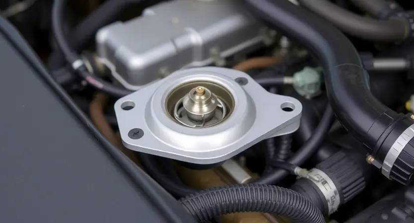 A close-up, detailed image of a car engine bay with a focus on the thermostat housing. The thermostat is visible, and surrounding components like hoses and coolant lines are also clearly depicted. The engine should appear clean and well-maintained.