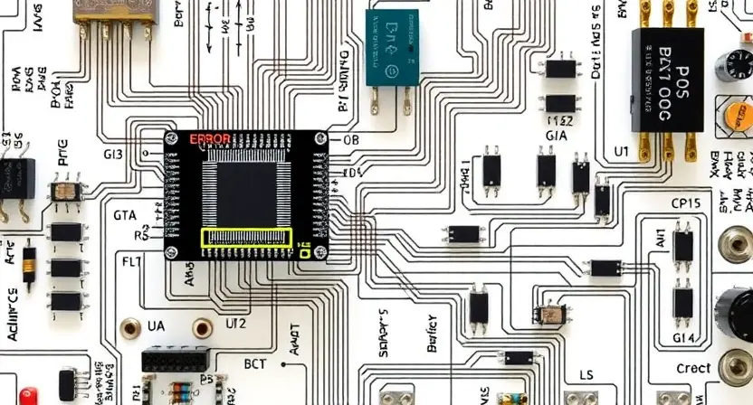 A detailed schematic diagram of a complex electronic circuit board, highlighting a specific component labeled 'P3000' with an error indicator. The board should be clean and well-lit, showcasing intricate connections and components. Focus on the visual representation of the circuit and the error point.