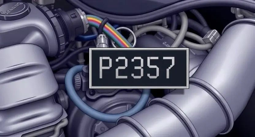 A detailed illustration of a car's engine bay, focusing on the coolant level sensor. The sensor should be clearly visible, with hoses and wiring around it. A digital display showing the P2557 error code should be subtly overlaid on the image. The background should be a slightly blurred view of the engine components.