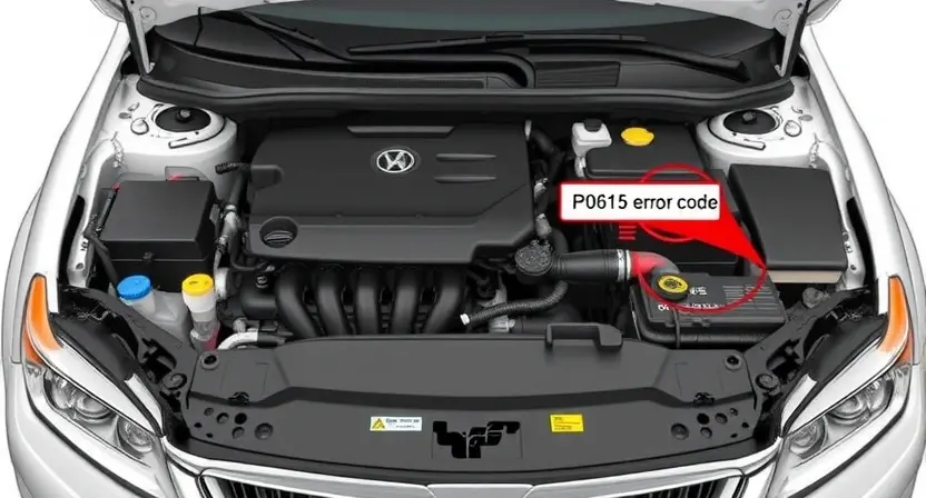 A detailed illustration of a car's engine bay, highlighting the P0615 error code indicator light. Focus on the diagnostic tools and wiring related to the code.