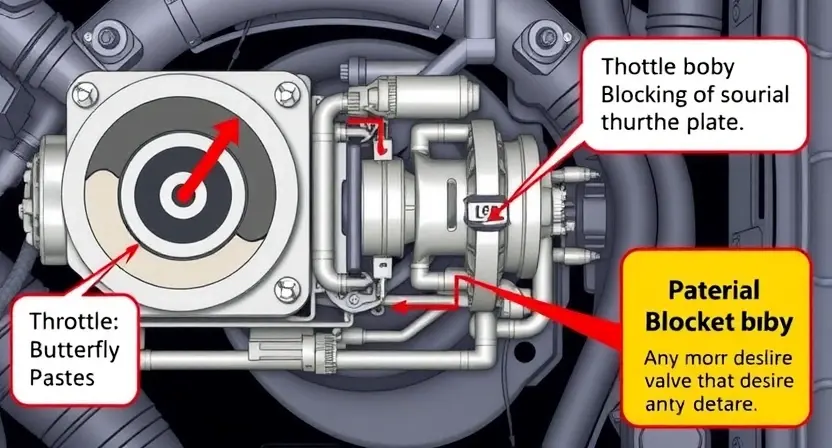 A detailed illustration of a car's throttle body system, highlighting the potential blockage points. Focus on the internal components like the throttle plate, butterfly valve, and any debris that could cause a P2112 error. The image should be scientifically accurate and clearly depict the system's mechanics.