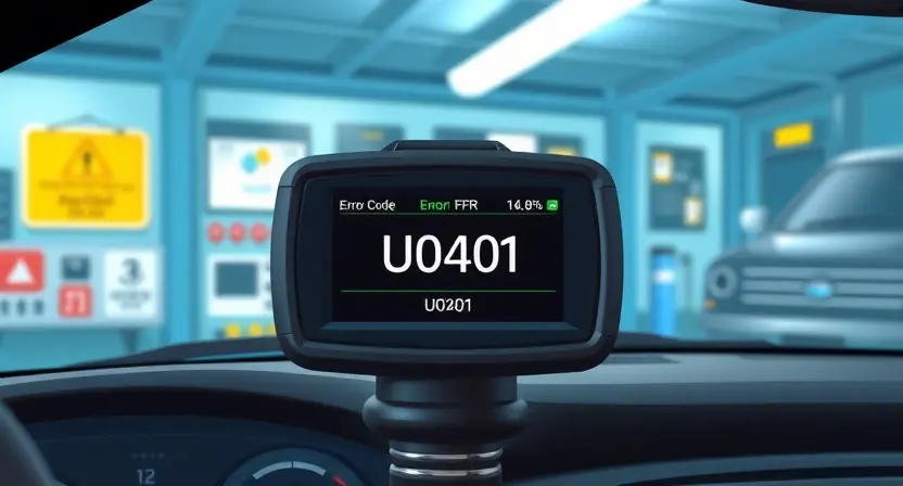 A high-quality technical illustration showing a car's OBD2 diagnostic scanner displaying error code U0401 on its screen, with a clean digital interface, subtle circuit patterns in the background, and a professional automotive repair shop setting, all rendered in the specified style