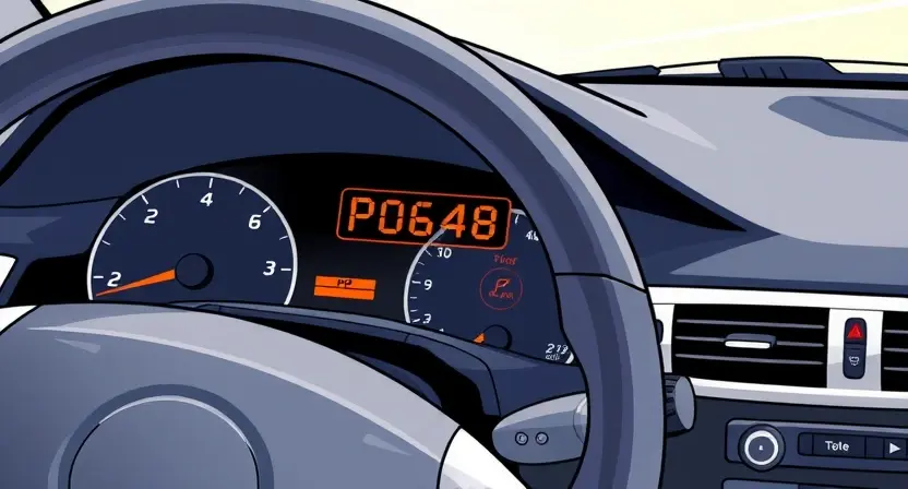 A detailed illustration of a car's dashboard with a diagnostic error code display showing 'P0648'. The dashboard should be brightly lit and clearly show the error code. Include relevant car components like the steering wheel, instrument cluster, and air vents.