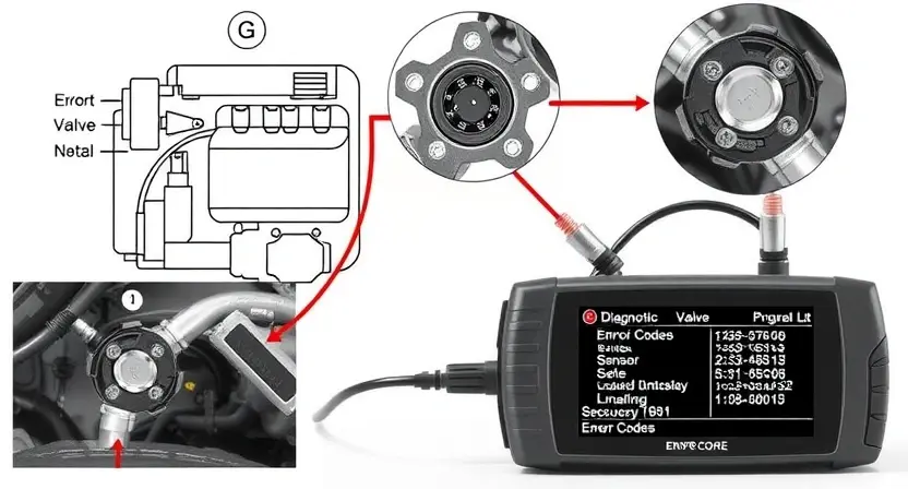 A detailed schematic diagram of a vehicle's engine control system, highlighting the solenoid valve labeled 'G'. Include close-up illustrations of the solenoid valve's internal components and wiring connections. Show a diagnostic tool connected to the solenoid valve, displaying error codes and sensor readings.