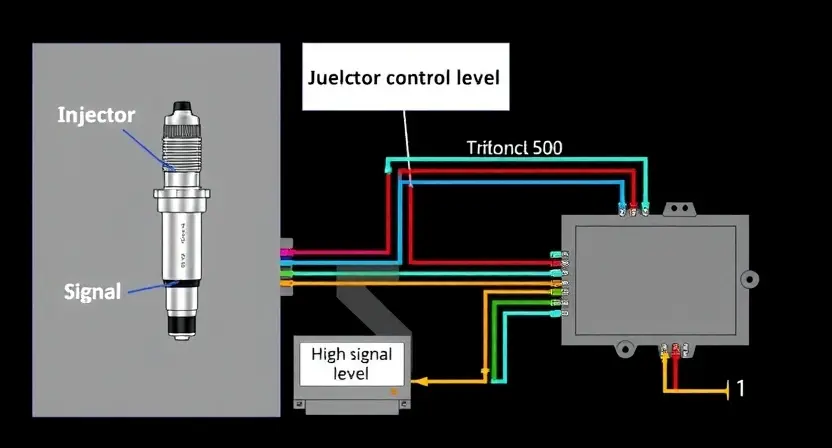 A detailed diagram illustrating the fuel injector control circuit with a visual representation of a high signal level. Show the injector, the control unit, and the relevant wiring. Use color-coding to differentiate components. Focus on the electrical connections and signal flow.
