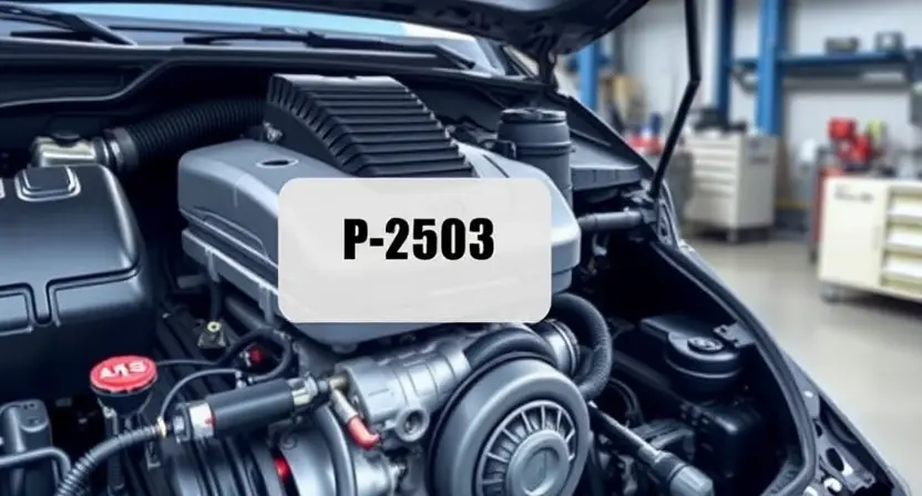 A detailed illustration of a car engine with a highlighted section indicating the area related to the P2503 error code. The image should show the engine components in a realistic and detailed manner, with a focus on the specific part that is causing the error. The background should be a clean, well-lit workshop setting.
