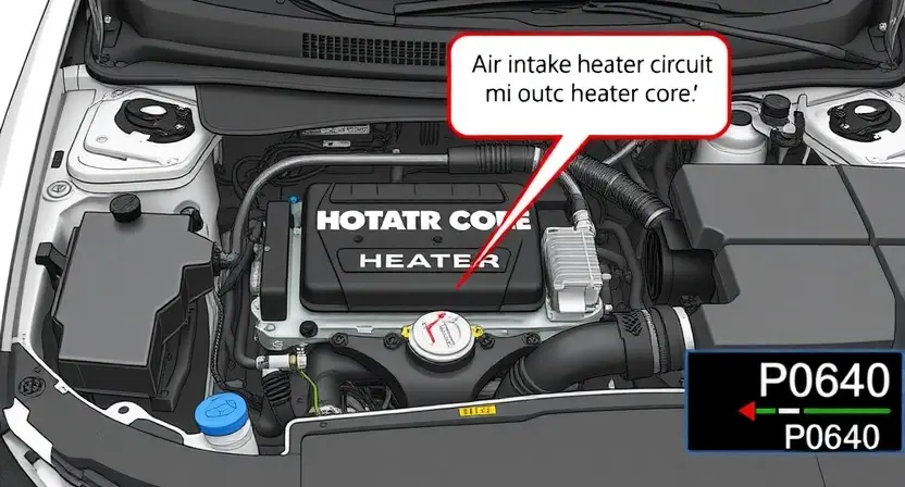 A detailed illustration of a car engine bay, focusing on the air intake heater circuit. Show a diagrammatic representation of the circuit with wires, connectors, and the heater core. Highlight the P0640 error code indicator on a dashboard. The overall scene should be clean and professional, suitable for a repair manual or automotive website.