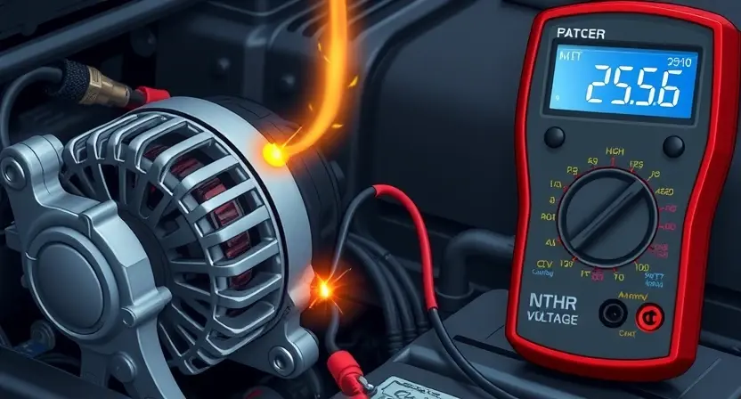 A close-up, detailed illustration of a car's electrical system, specifically focusing on the alternator and battery connections. High voltage fluctuations are visually represented by subtle energy pulses or distortions around the connections. A multimeter displays an abnormal voltage reading. The background shows a dimly lit engine compartment.
