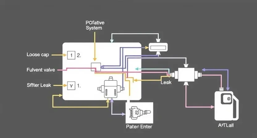 A detailed schematic diagram illustrating the P0555 error code in a vehicle's engine control unit (ECU). The diagram should show the relevant sensors, actuators, and wiring related to the evaporative emissions system. Include visual representations of potential causes like a loose gas cap, a faulty vent valve, or a leak in the fuel system. The image should be clean, professional, and easy to understand.