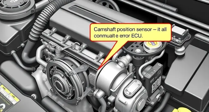 A detailed illustration of a car engine with the P0621 error code highlighted. Focus on the components related to the camshaft position sensor and the engine control unit (ECU).