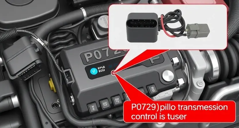 A detailed illustration of a car's engine control unit (ECU) with various sensors and wiring, highlighting the P0729 error code related to transmission control. Focus on the technical aspects and visual representation of the system.