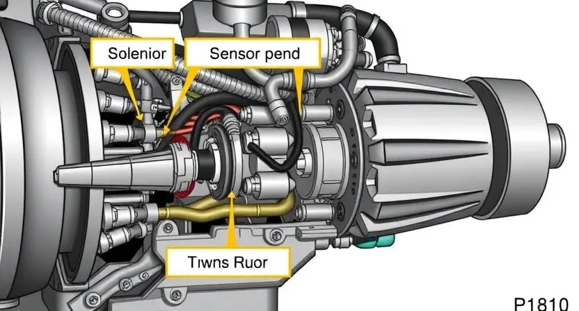 A detailed, high-quality illustration of an automatic transmission system with a highlighted sensor or component related to the P1810 error. The image should clearly show the internal workings of the transmission, focusing on the area where the error might originate. Include labels pointing to key parts like solenoids, valves, and fluid lines. The overall composition should be clean and informative, suitable for a technical manual.