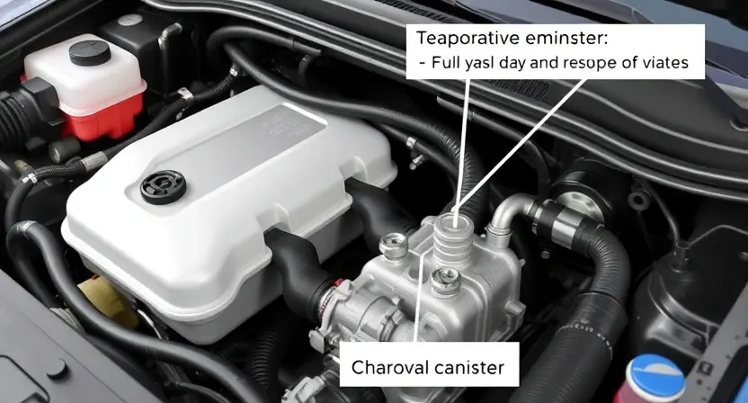A close-up, detailed image of a car's engine bay, specifically focusing on the evaporative emissions (EVAP) system components. Show the fuel tank, charcoal canister, and associated hoses and valves. The components should be clean and well-lit, highlighting their mechanical details.