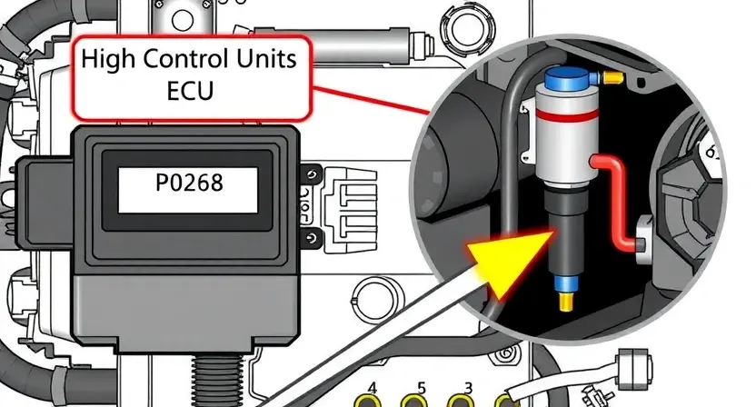 A detailed illustration of an engine control unit (ECU) with a highlighted P0268 code indicator. The image should also show a close-up of an injector circuit with a visual representation of high voltage flowing through it. Include schematic diagrams and visual cues to represent the engine's components and electrical connections.