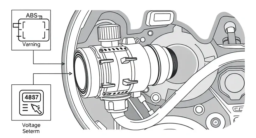 A high-quality technical illustration showing a car's ABS pump with a warning indicator for low voltage, surrounded by schematic symbols of electrical components and voltage meter graphics, clean lines, detailed engineering drawing, no text or numbers on the image
