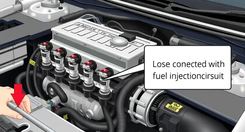 A detailed illustration of an engine bay with a focus on the fuel injection system. Show various components like fuel injectors, fuel rail, and wiring harness. Highlight a potential issue with the fuel injection circuit, perhaps with a visual representation of a loose connection or a damaged wire. The background should be slightly blurred to emphasize the engine components.