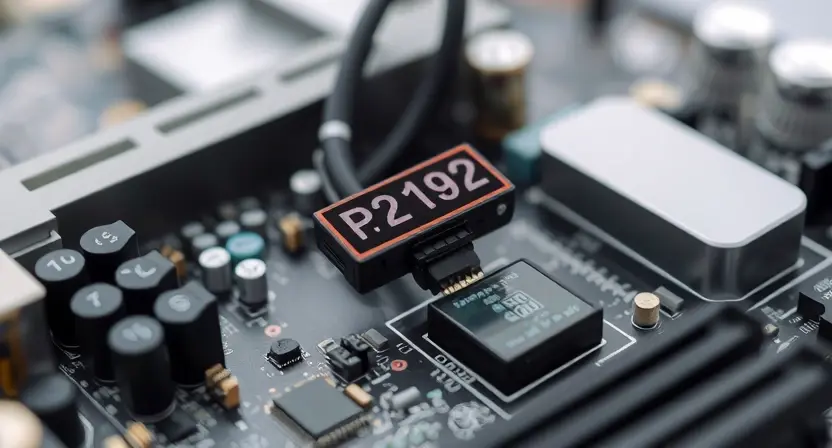 A close-up, detailed illustration of a computer motherboard with a highlighted P2192 error code displayed on a small screen connected to the motherboard. Focus on the electronic components and the error message. The background should be blurred, suggesting a technical environment.