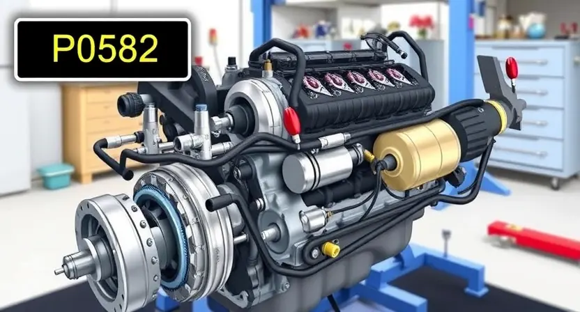 A detailed illustration depicting a car engine with a diagnostic code P0582 highlighted. The engine should be partially disassembled, showing various components like the crankshaft, camshaft, and sensors. A digital display shows the P0582 error code. The background should be a clean, professional workshop environment.